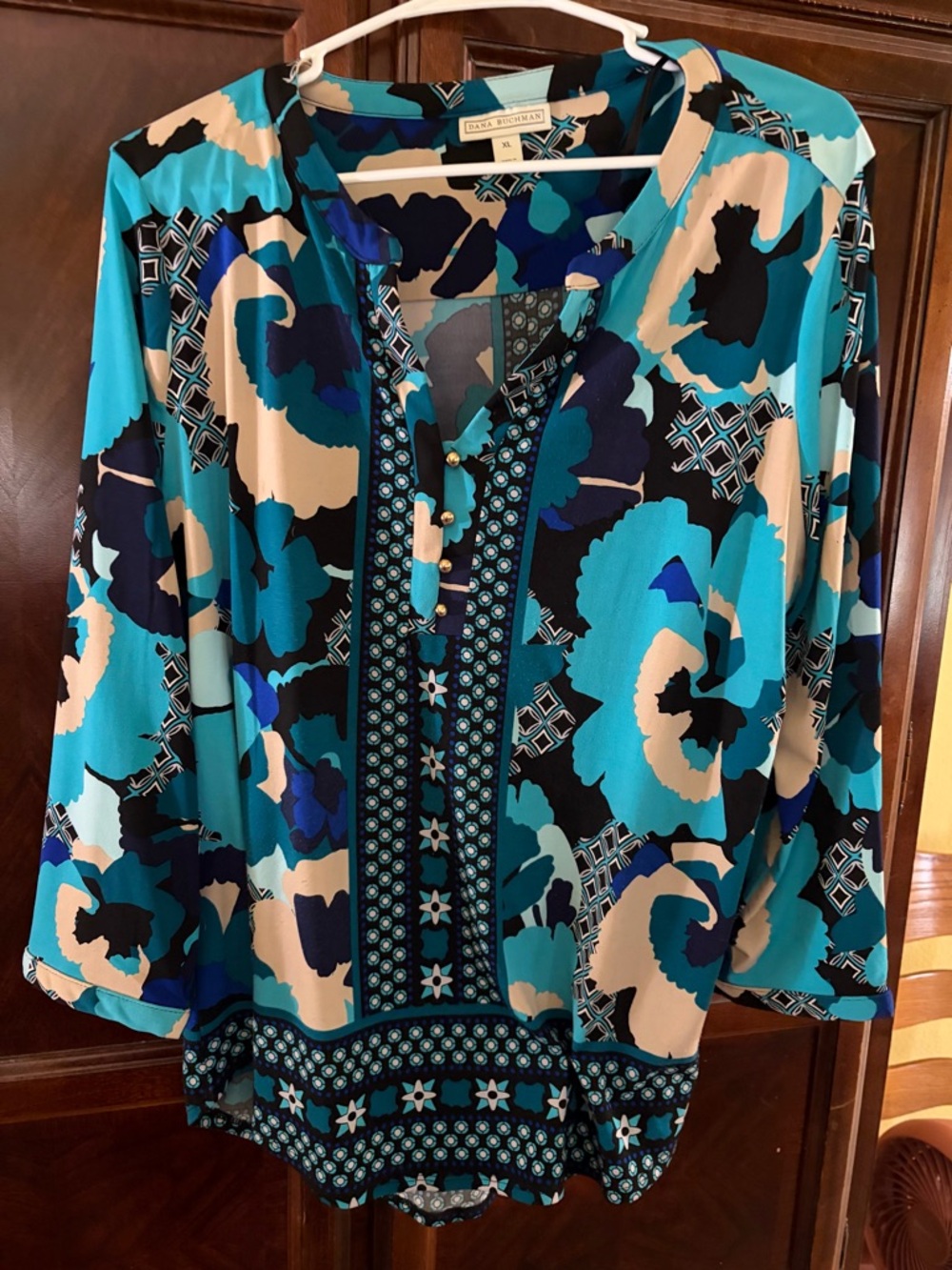 Dana Buchman Teal Navy Cream Floral-Print V-Neck Tunic